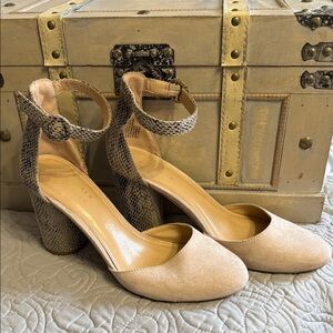 Creamy Color Suede Chunky Heel with a snake skin print by Lauren Conrad